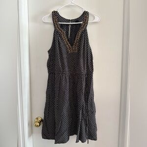 Lucky Brand Navy Blu Patterned Dress with Gold Embellished Neckline